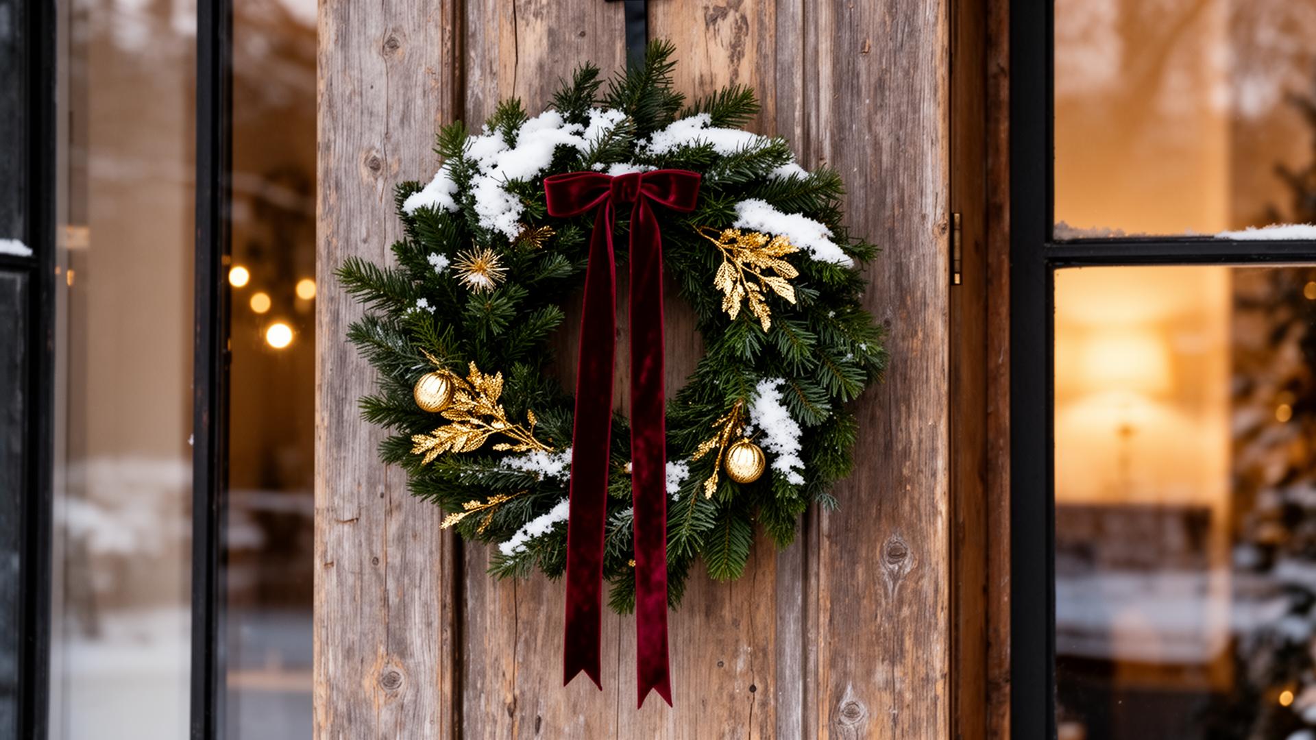 A Christmas fir wreath with a velvet ribbon on a weathered wooden door