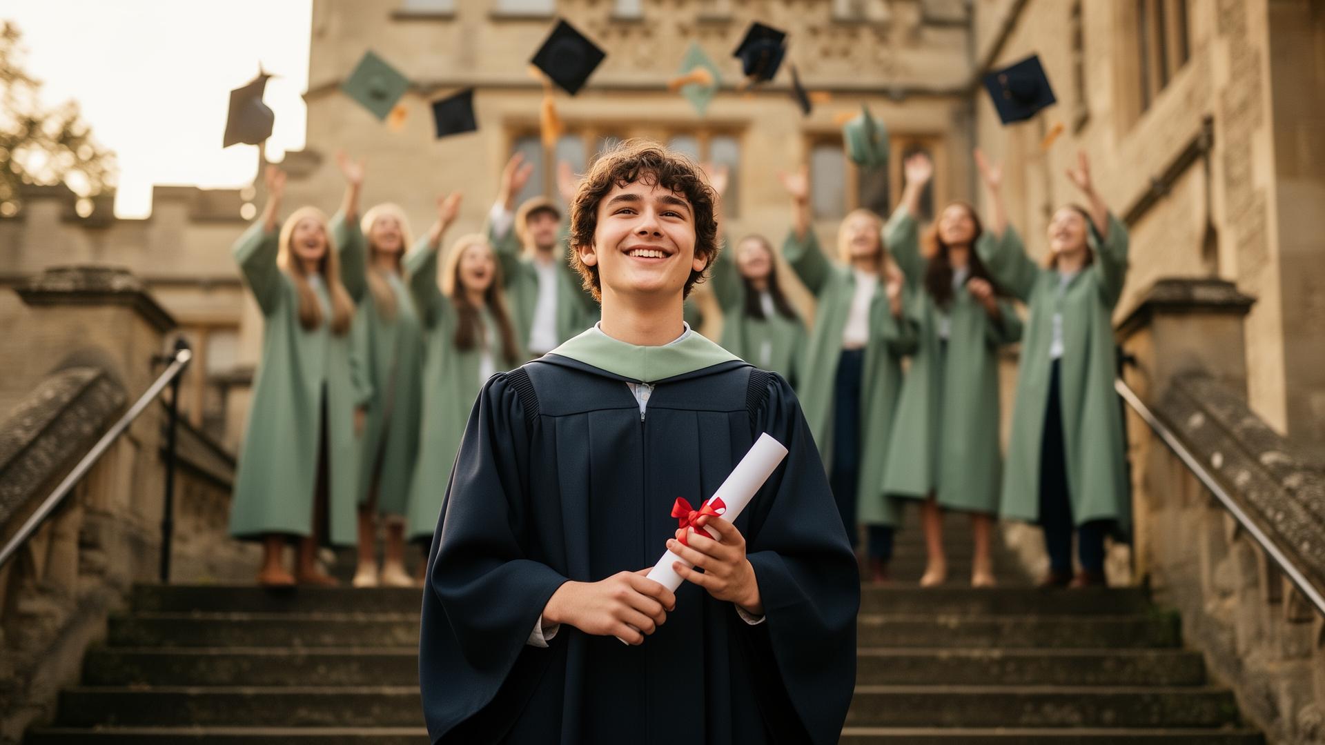 A graduate holding a rolled diploma on old university stone steps