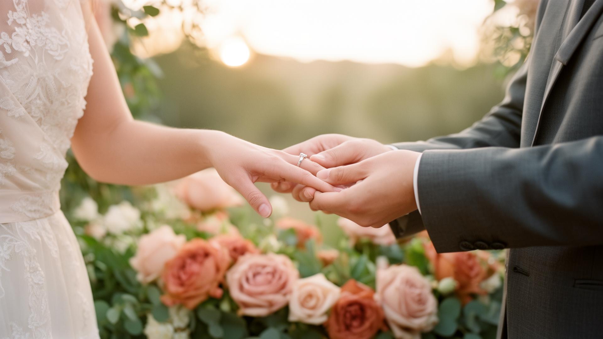 Two hands exchanging rings at an outdoor wedding altar